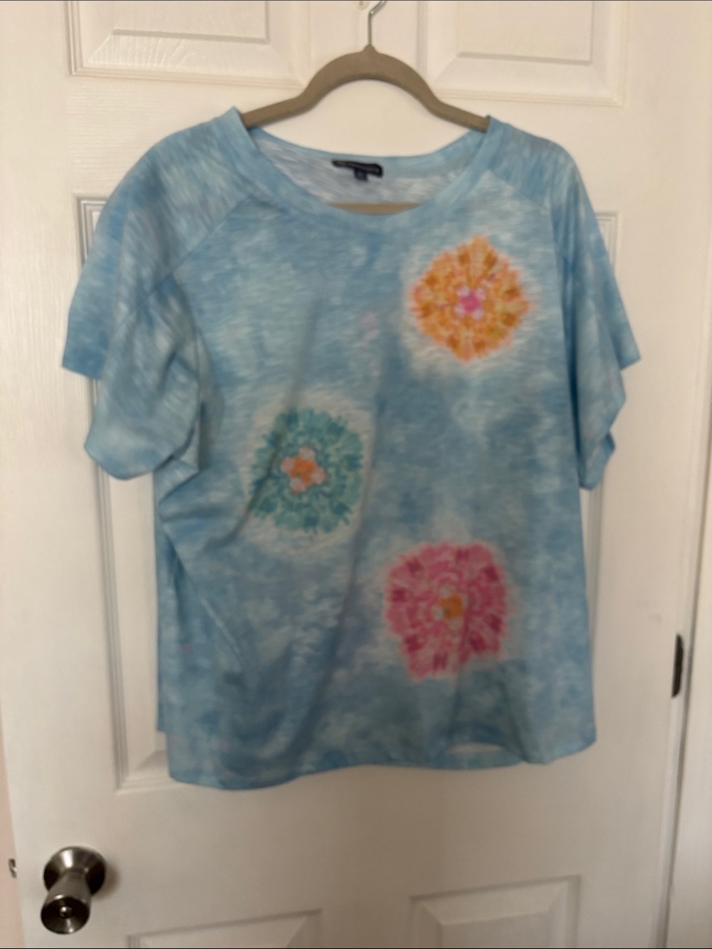 Democracy Light Blue Tie-Dye Floral Top with Pink, Orange, Teal Accents